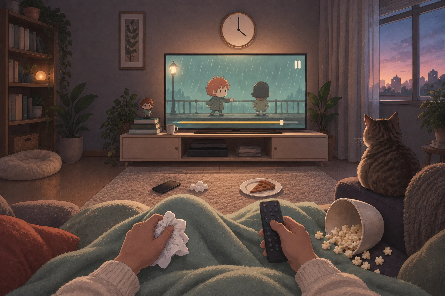 Someone wrapped in a blanket watching anime on the TV at night with a cat, popcorn, and used tissues nearby