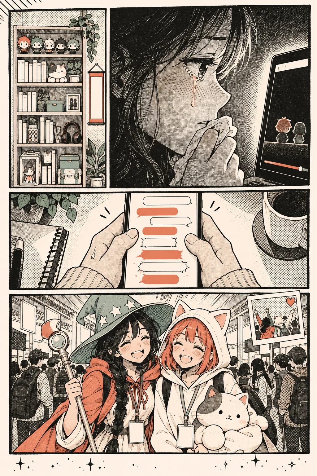 Manga-style panels of a shelf of figures, someone crying at a screen, a phone conversation, and two friends cosplaying at a convention with their cat