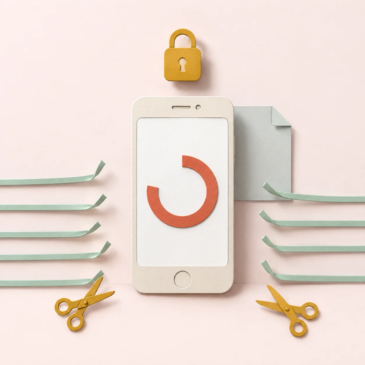 Illustration of a padlock above a phone showing a loading circle, with cut ribbons and a torn note on either side