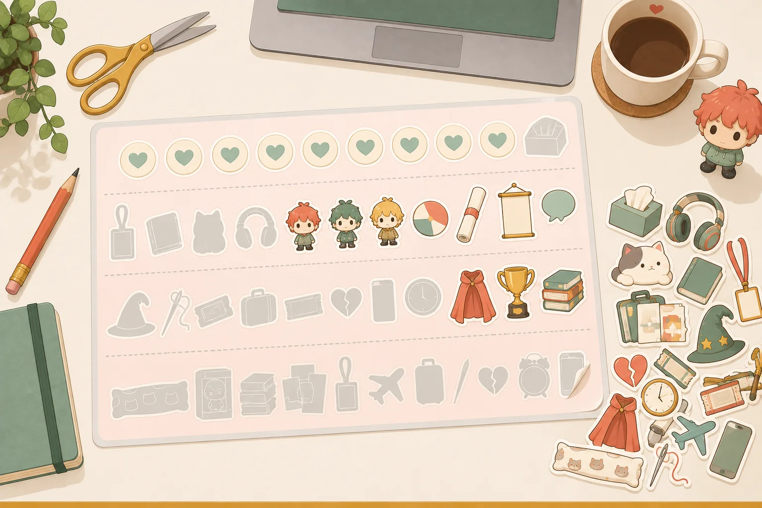 Flat lay of an anime fan sticker sheet with tiered rows of merch icons — hearts, figures, con badges, trophies, and travel items