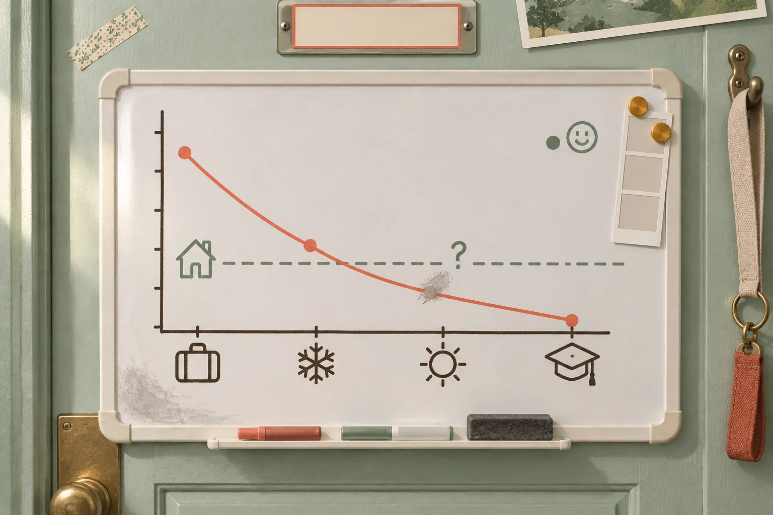 A whiteboard with a line graph sloping downward across four points labeled move-in, winter, spring, and graduation