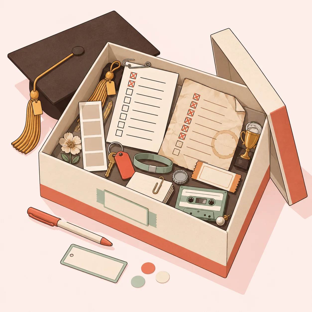 An open shoebox of college keepsakes — a graduation cap, checked-off questionnaires, a trophy, ticket stubs, and a cassette tape