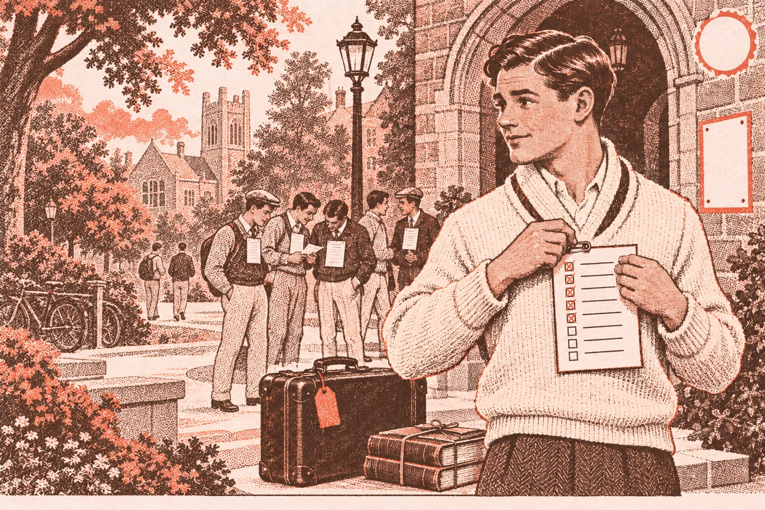 Vintage illustration of a college student pinning a checked-off questionnaire to his sweater like a name tag, with classmates comparing sheets near a stone archway