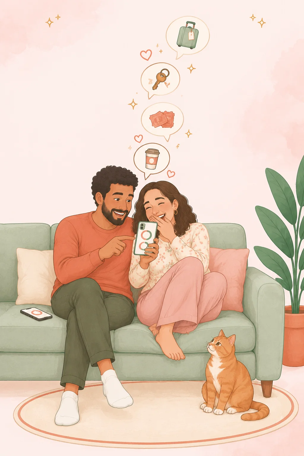 Couple laughing together at a phone showing their purity test results