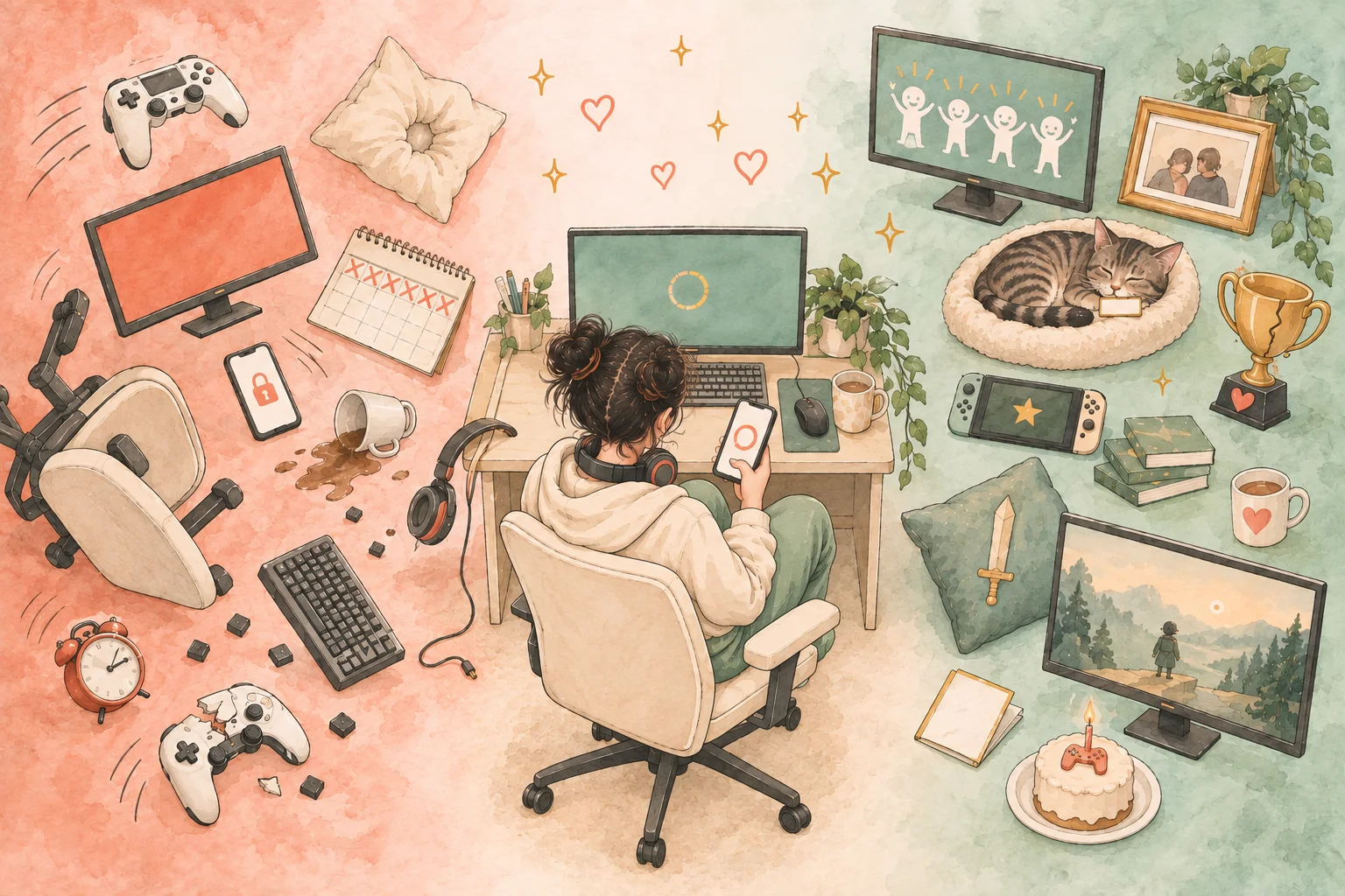 Split scene of a gaming desk — cracked controller and spilled coffee on a red side, a sleeping cat and trophy shelf on a green side