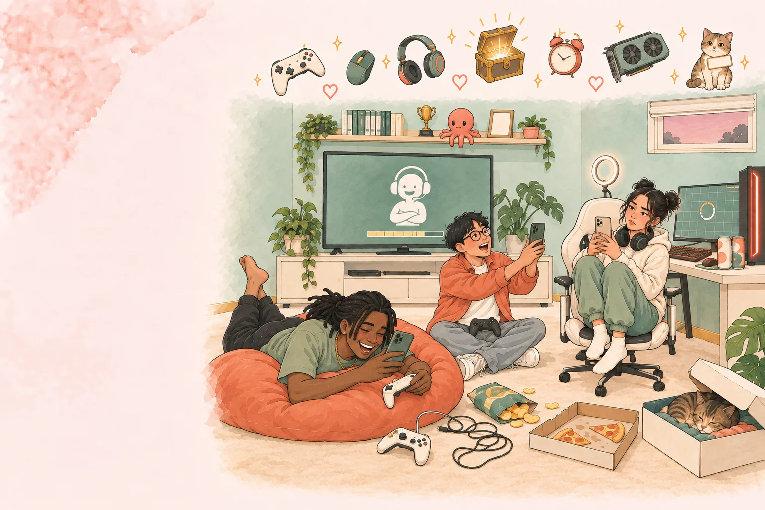 Three friends gaming together on a bean bag, the floor, and a chair, with pizza and a sleeping cat nearby