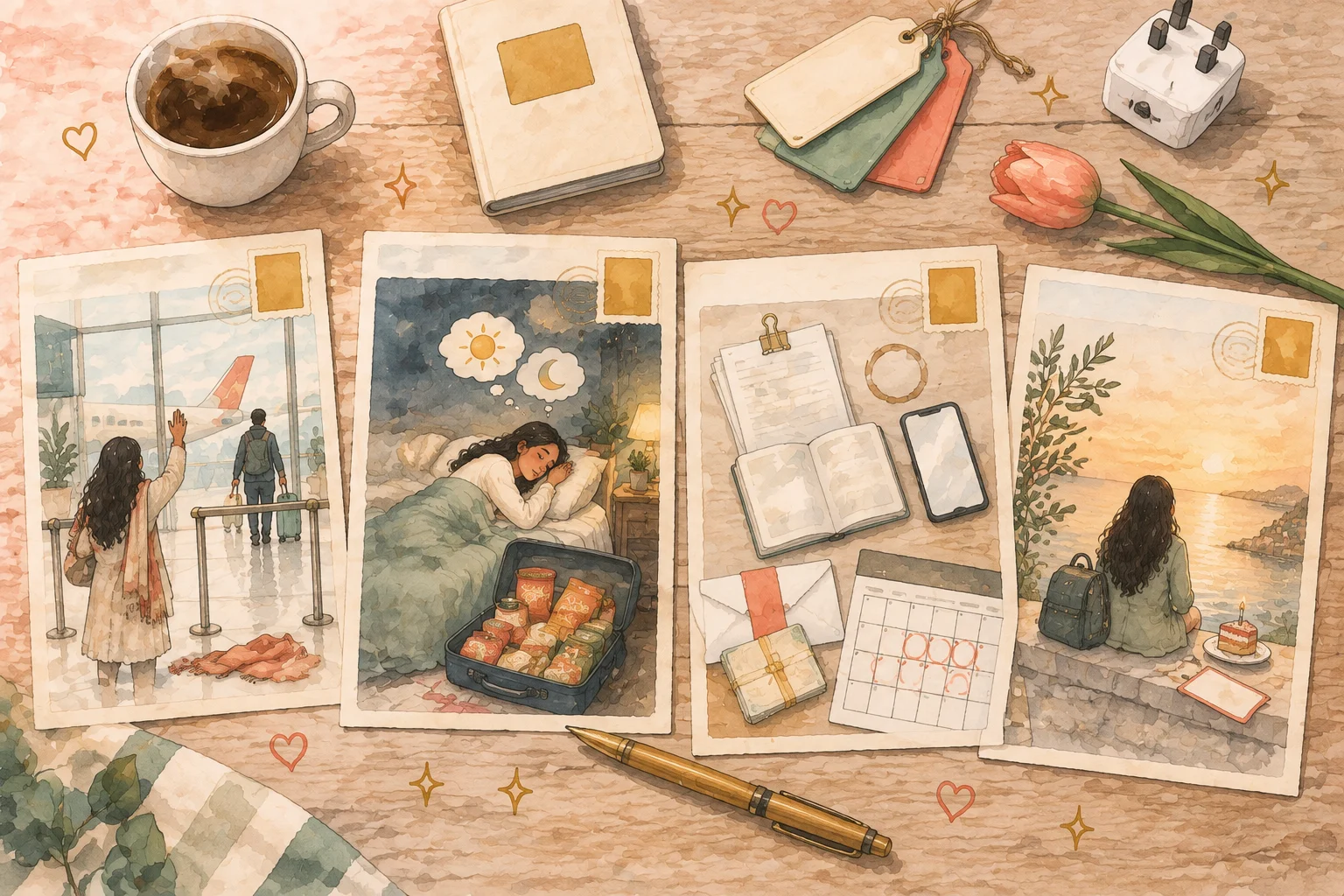 Four postcards laid on a desk: an airport goodbye, sleeping beside a suitcase of snacks, paperwork and a calendar, and sitting alone at sunset