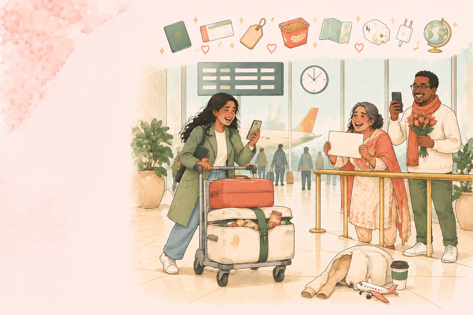 Family greeting someone with flowers at airport arrivals, luggage cart piled with snacks