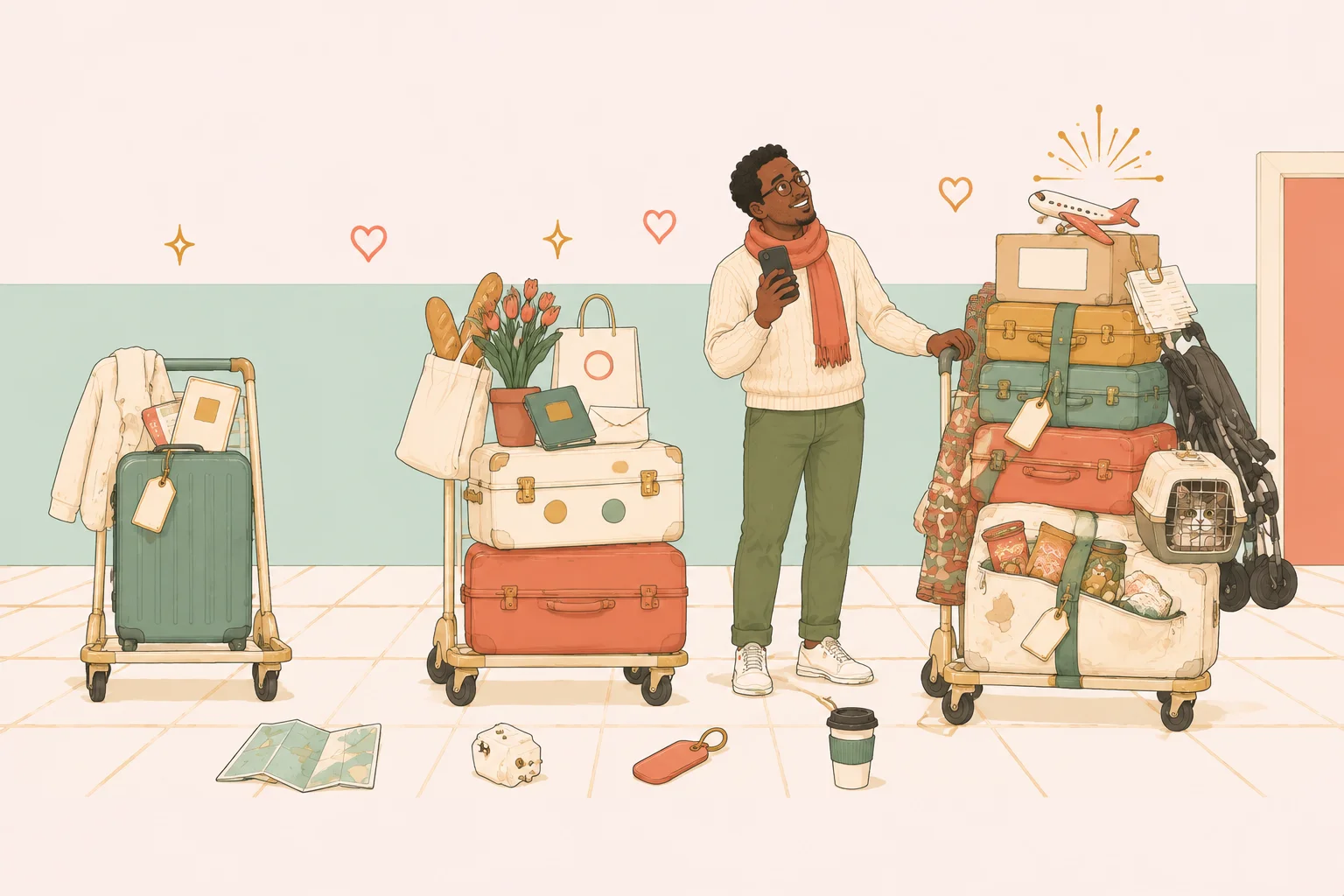 Three luggage carts of increasing size, from a single light suitcase to one piled high with belongings and a pet carrier