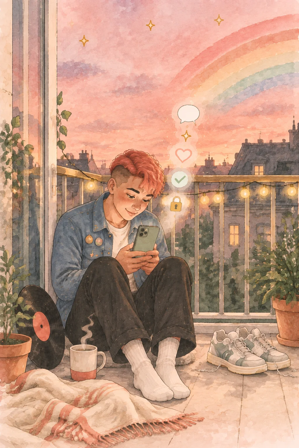 Person on a balcony under a rainbow, texting privately