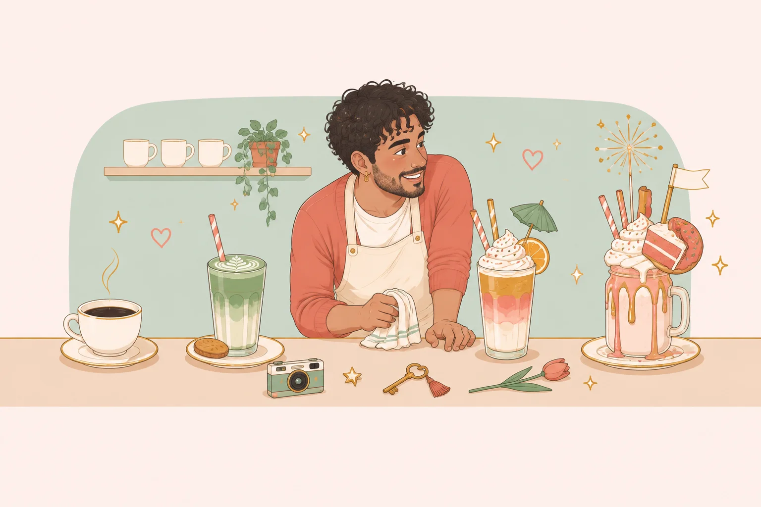 Barista with a lineup of drinks from simple to elaborate