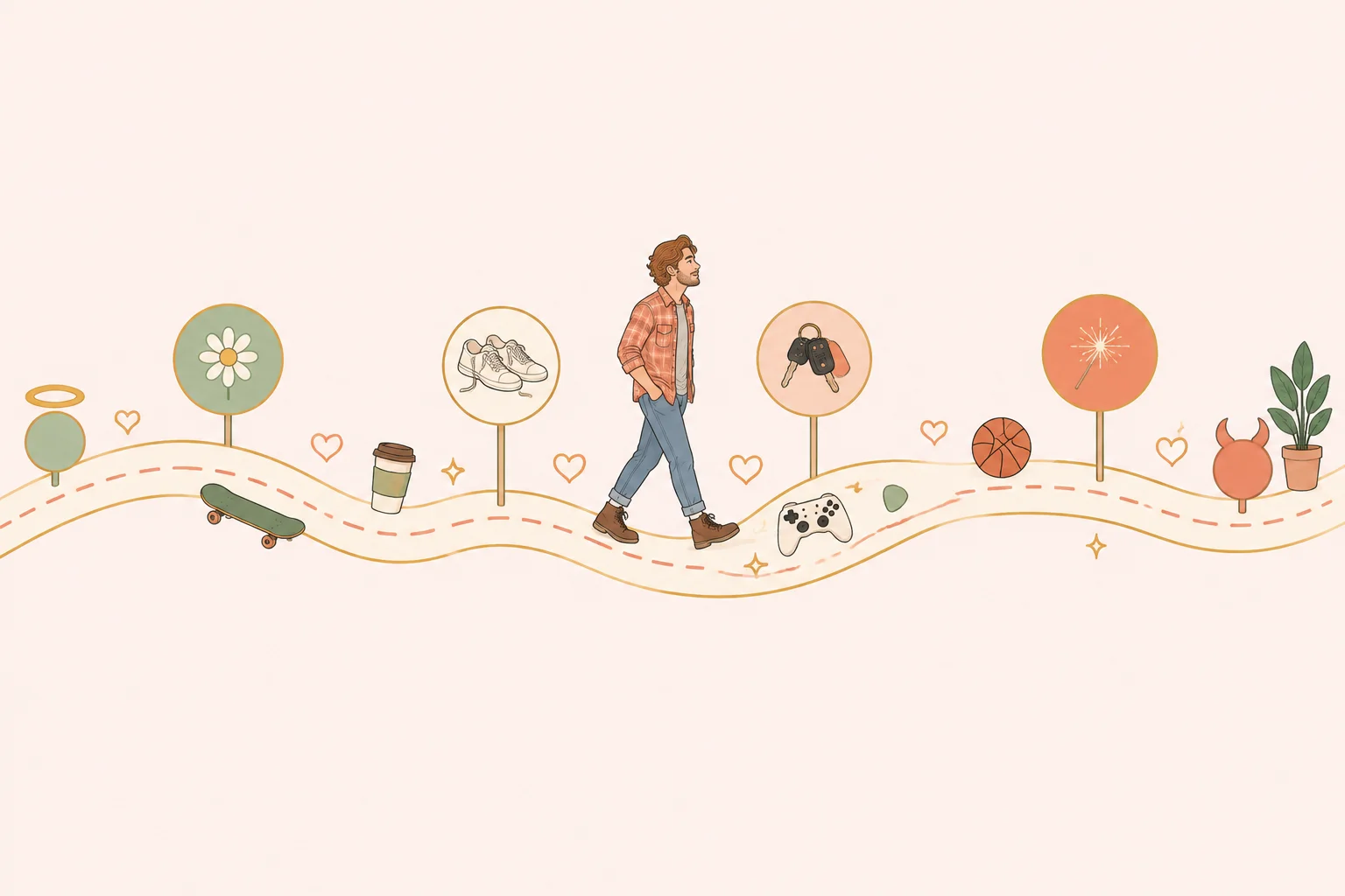Illustration of a man walking past icons representing different life experiences