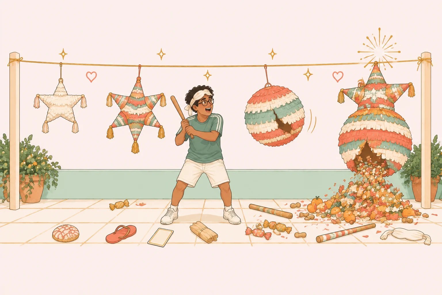 Kid breaking open a piñata with candy spilling out