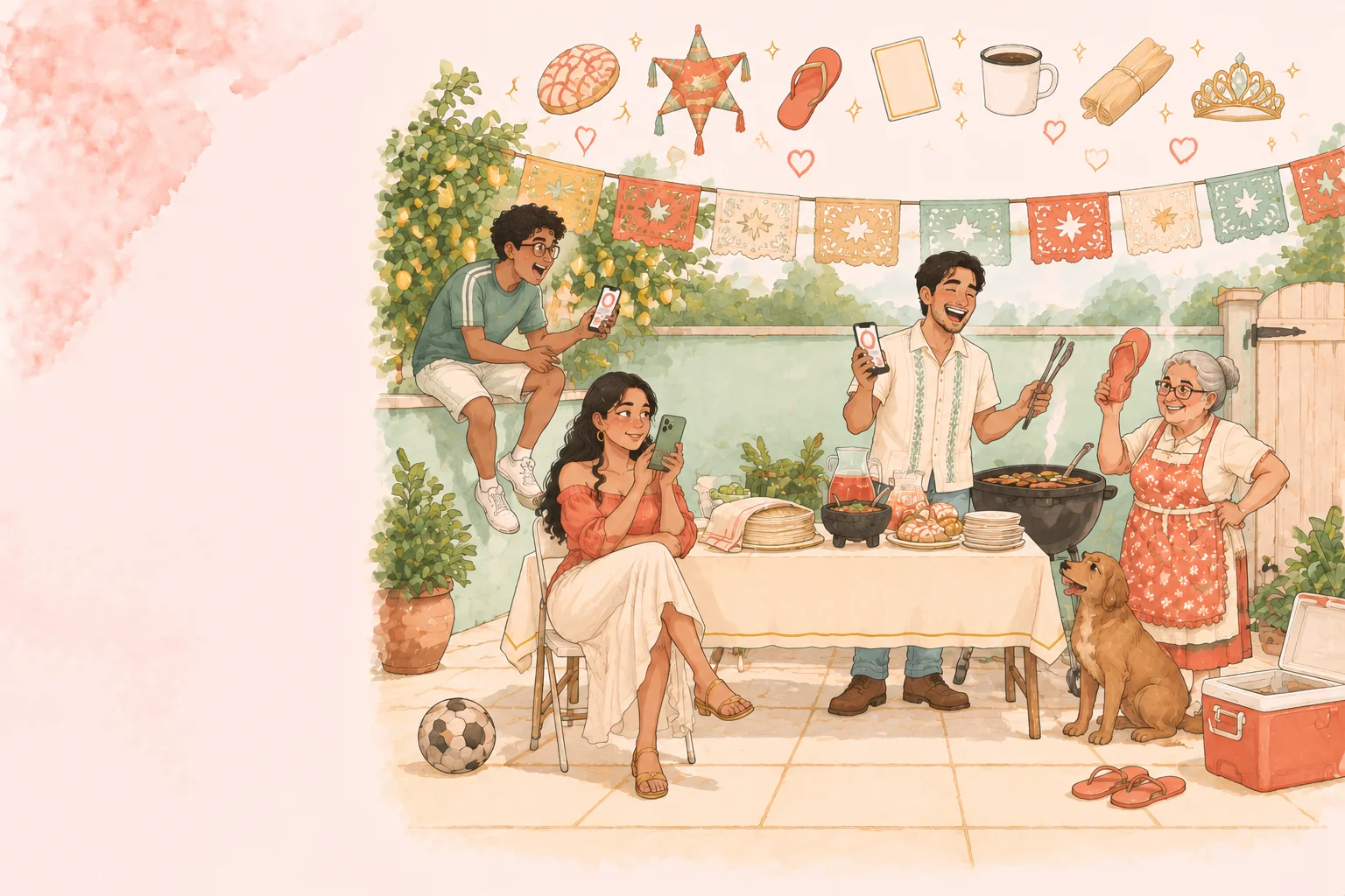 Family gathered for a backyard carne asada with papel picado banners