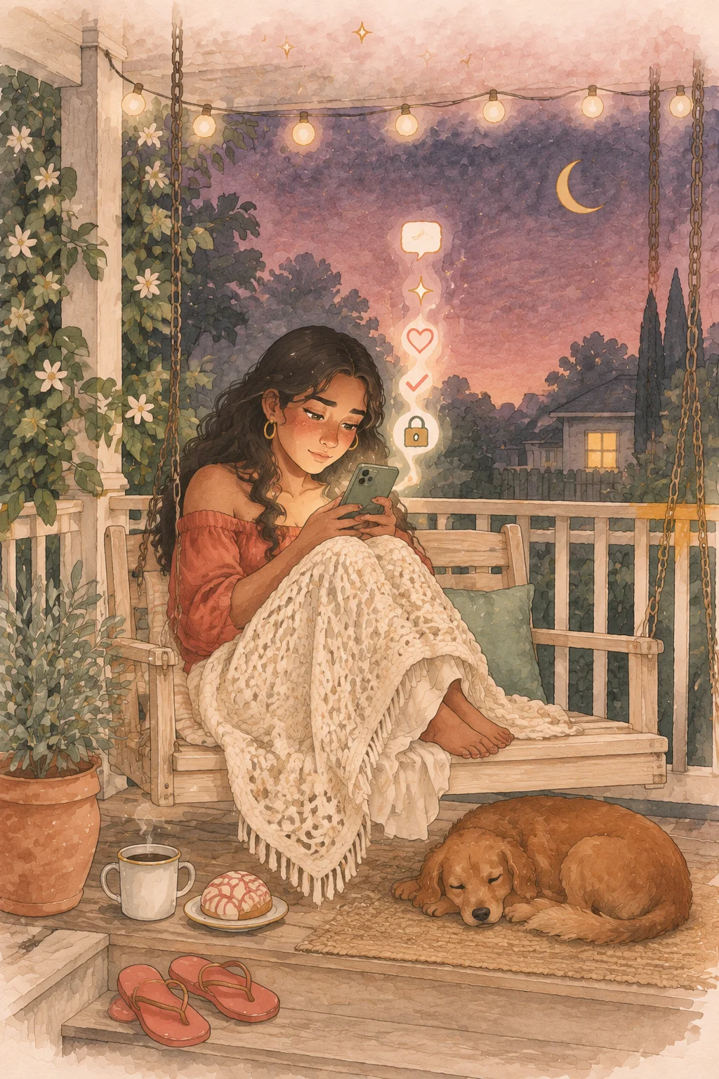 Girl on a porch swing at dusk, checking her phone privately