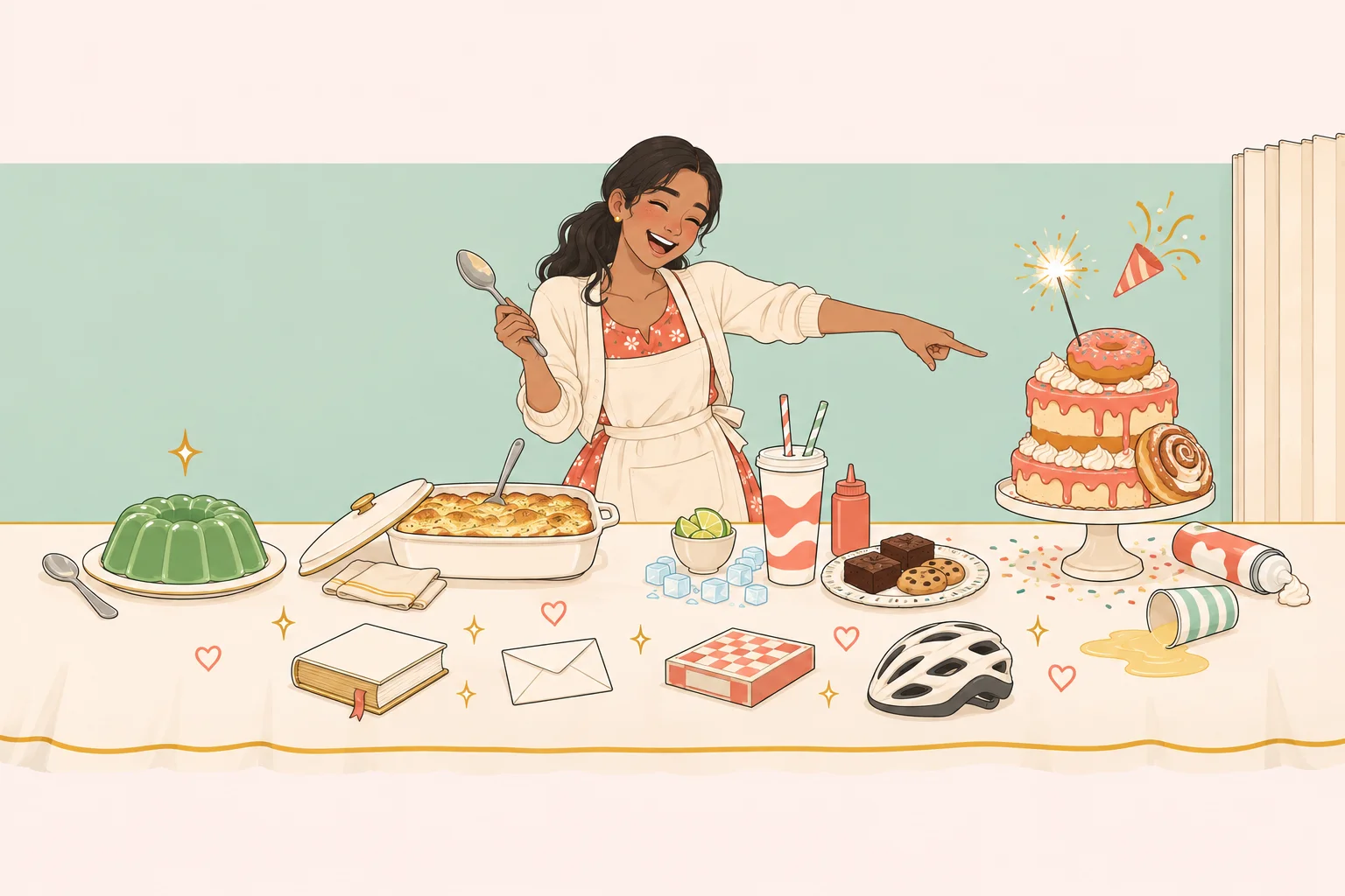 Woman laughing at a ward potluck with jello salad and a birthday cake
