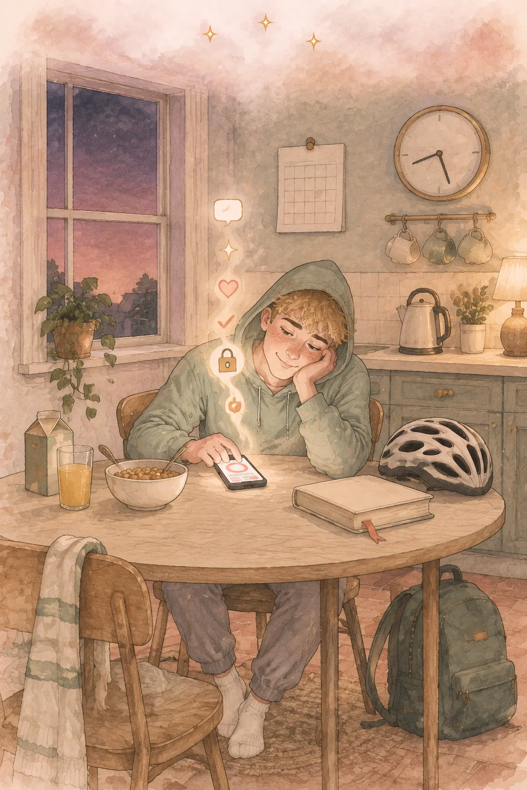 Guy at the breakfast table before seminary, checking his phone