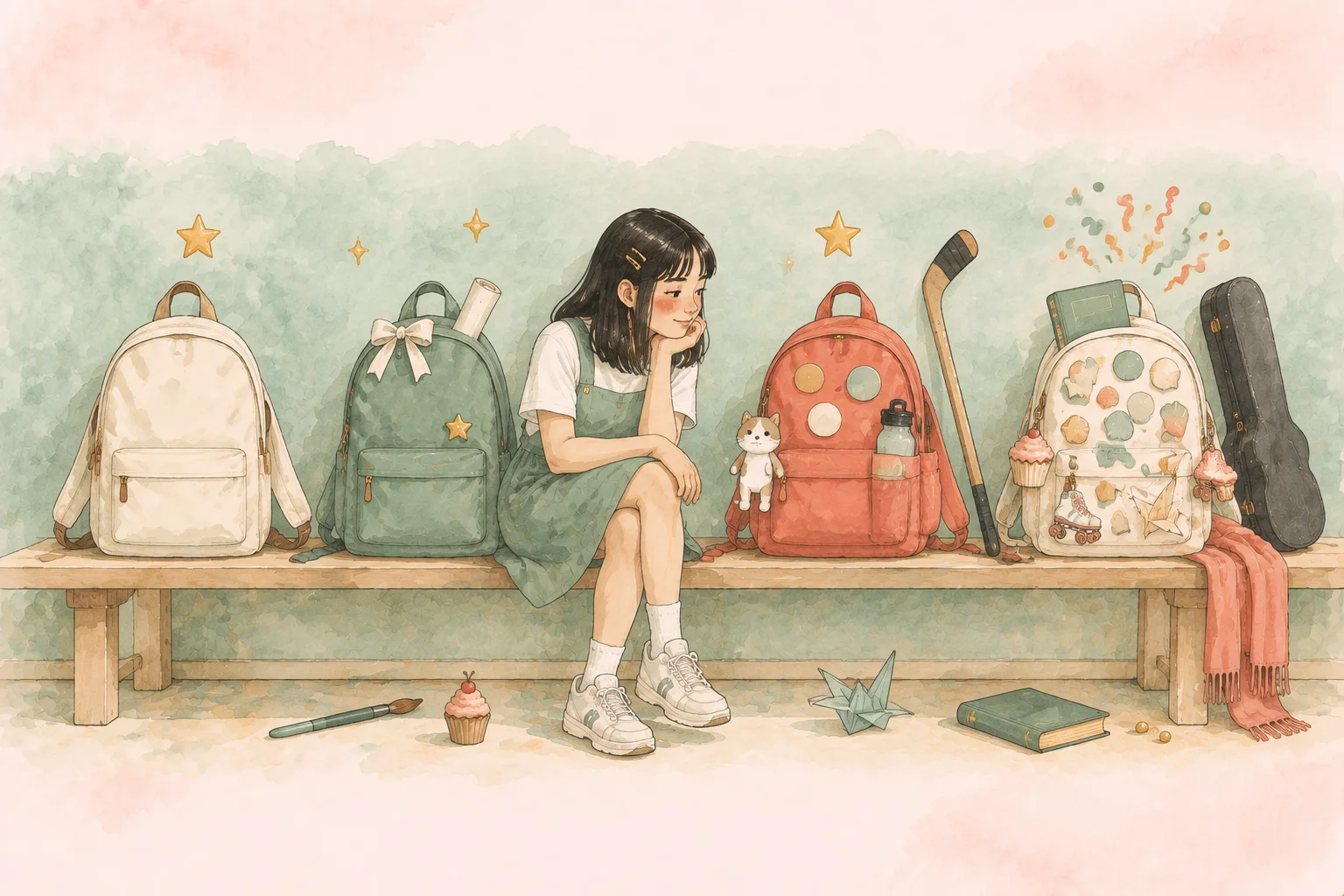 Girl sitting on a bench among differently styled backpacks
