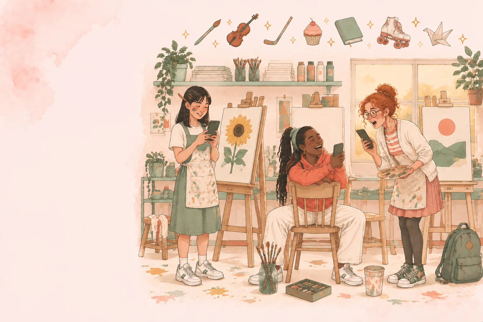 Three friends laughing at their phones in an art studio