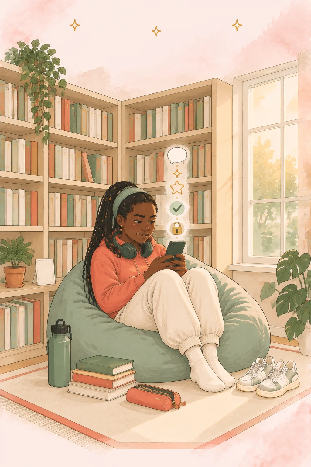 Girl reading in a cozy nook, texting privately