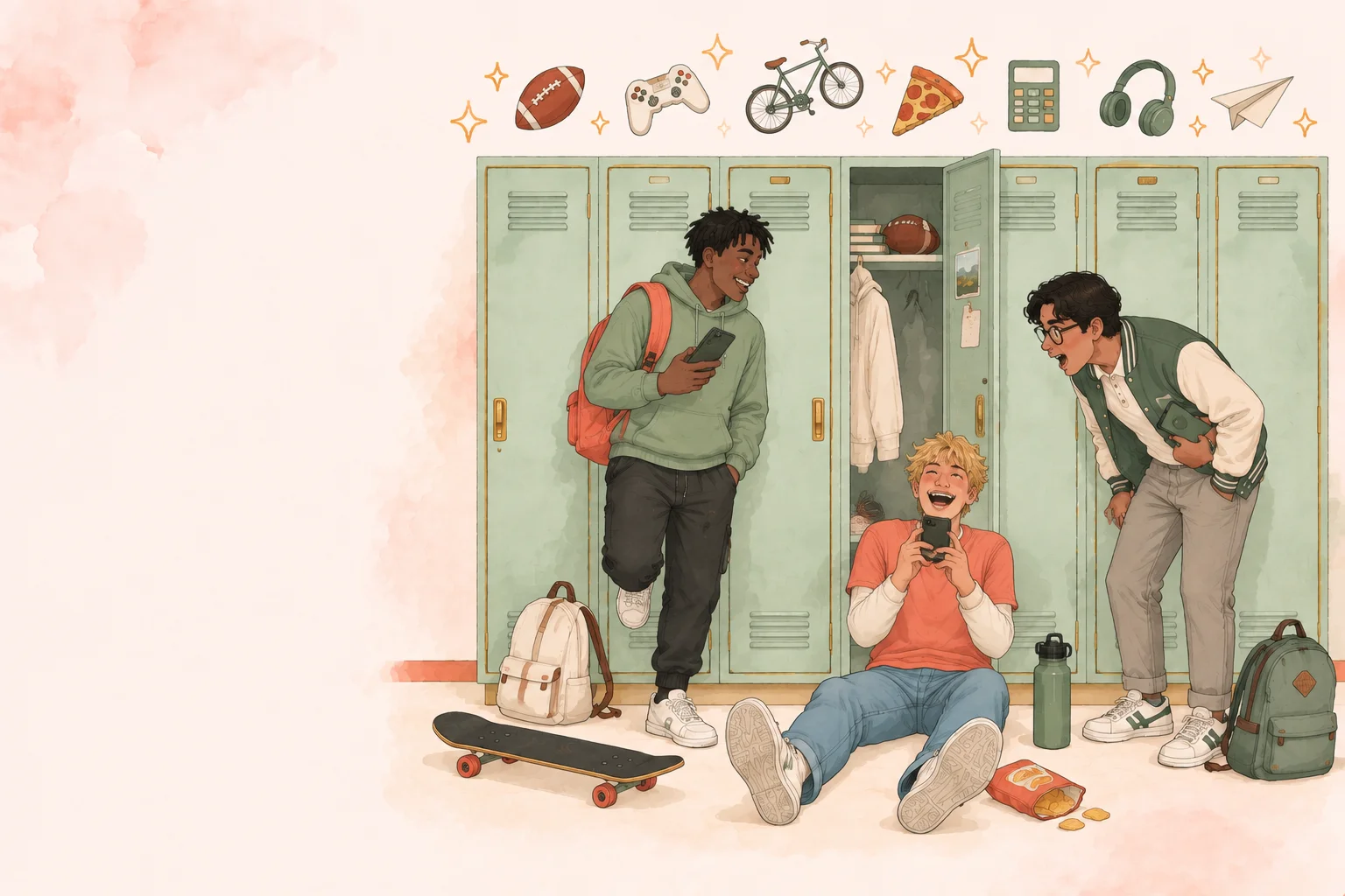 Three friends laughing by their lockers, looking at a phone