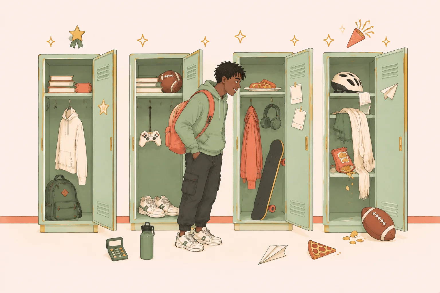 Guy looking into a row of lockers, each one showing a different interest