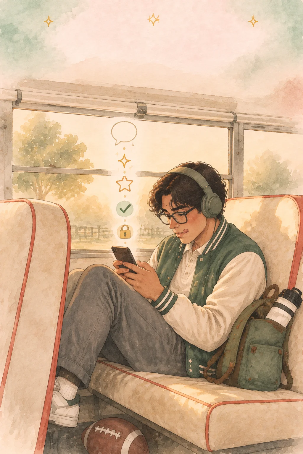 Guy on the school bus checking his phone privately