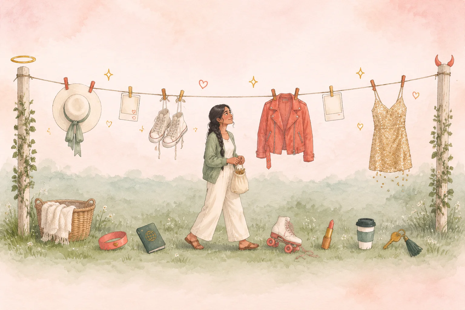 Illustration of a woman walking past a clothesline hung with items from her past