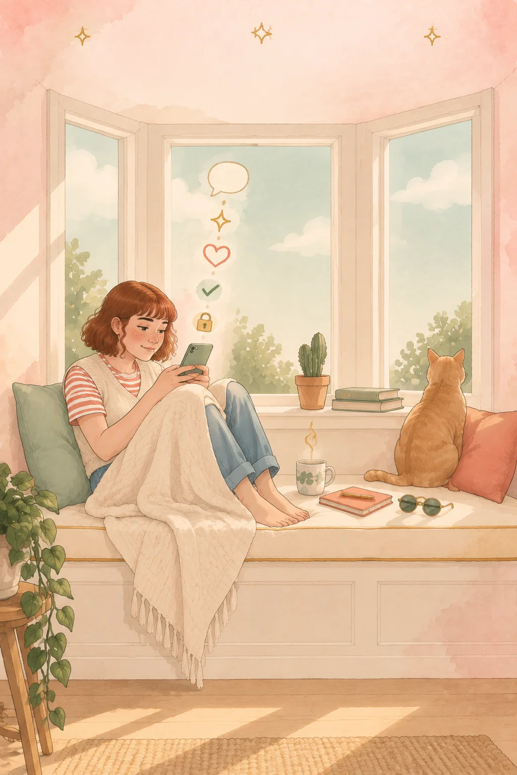 Girl curled up on a window seat with her cat, texting privately